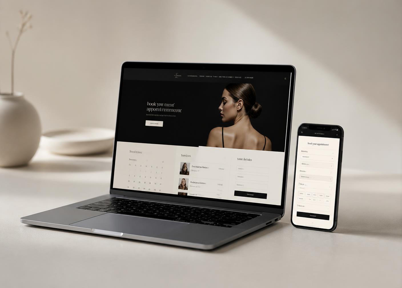 Modern weboldal és online időpontfoglaló bemutatása laptopon és telefonon